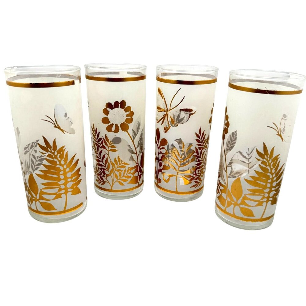 MCM Highball Glasses Set Of 4 With Gold Silver Butterfly Floral 6.25" READ